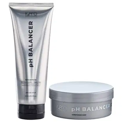 Conjunto de produtos de cabelo da marca K.pro, incluindo um shampoo e uma máscara condicionadora, ambos com embalagens prateadas e textos em preto.