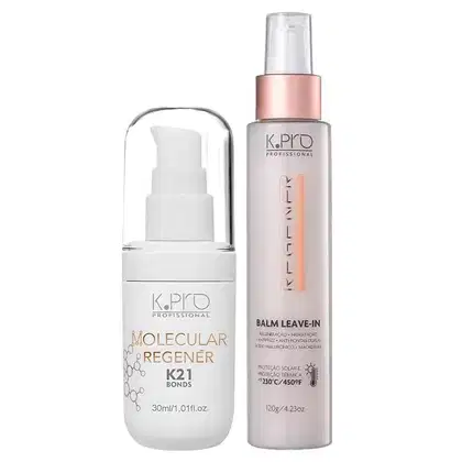 Leave-in Reneger da marca K.pro, em uma embalagem de plástico nas cores rosa e branco. Também conta com tubo de leave-in Molecular Repair Regenér K21 Bonds.