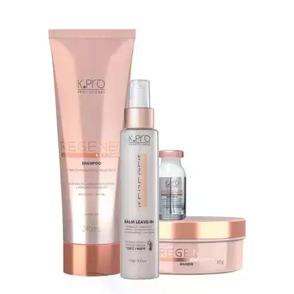 Kit da linha Regenér, da marca K.Pro. Frascos de shampoo, máscara, leave-in e ampola.