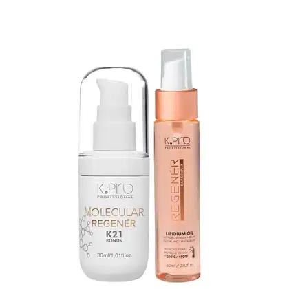 Óleo Capilar Reneger da marca K.pro, em uma embalagem de plástico nas cores rosa e branco. Também conta com tubo de leave-in Molecular Repair Regenér K21 Bonds.