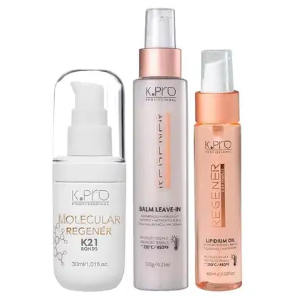 Conjunto de produtos de cuidados capilares da marca K.pro, incluindo óleo e leave-in em embalagens de plástico nas cores rosa e branco. Também conta com tubo de leave-in Molecular Repair Regenér K21 Bonds.
