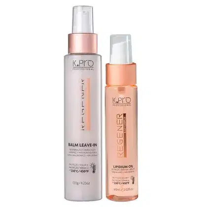 Conjunto de produtos de cuidados capilares da marca K.pro, incluindo leave-in e óleo em embalagens de plástico nas cores rosa e branco.