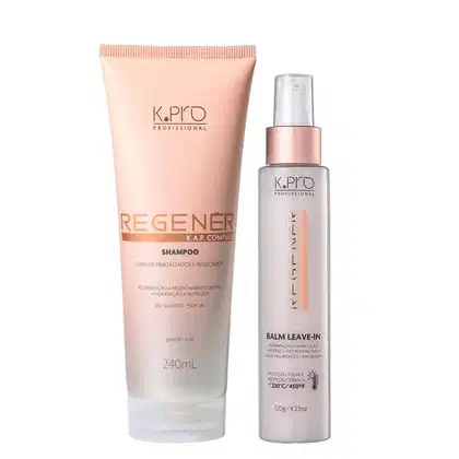 Conjunto de produtos de cuidados capilares da marca K.pro, incluindo shampoo e leave-in em embalagens de plástico e vidro nas cores rosa e branco.