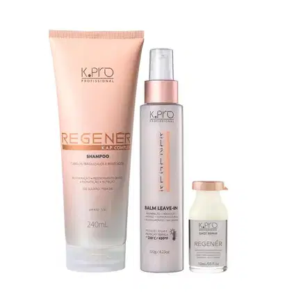 Kit da linha Regenér, da marca K.Pro. Frascos de shampoo, leave-in e ampola.