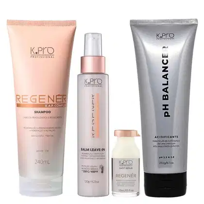 Kit da linha Regenér, da marca K.Pro. Frascos de shampoo, condicionador, máscara, leave-in e ampola. Acompanha também o acidificante pH Balancer.
