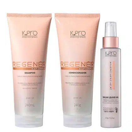 Conjunto de produtos de cuidados capilares da marca K.pro, incluindo shampoo, condicionador e leave-in em embalagens de plástico e vidro nas cores rosa e branco.
