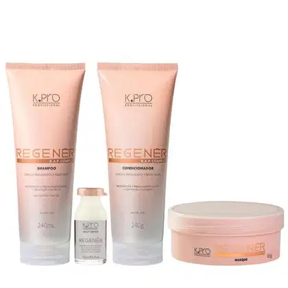 Kit da linha Regenér, da marca K.Pro. Frascos de shampoo, condicionador, máscara e ampola.