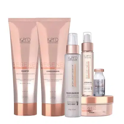 Kit da linha Regenér, da marca K.Pro. Frascos de shampoo, condicionador, máscara, leave-in, óleo capilar e ampola.