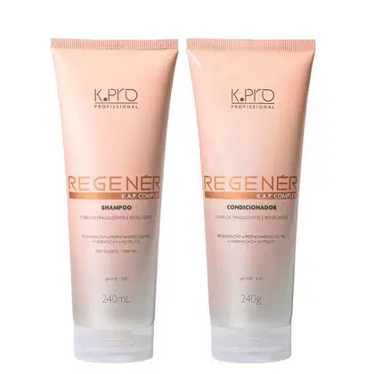 Conjunto de produtos de cuidados capilares da marca K.pro, incluindo shampoo e condicionador em embalagens de plástico nas cores rosa e branco.