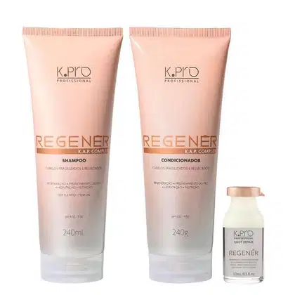 Kit da linha Regenér, da marca K.Pro. Frascos de shampoo, condicionador e ampola.