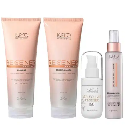 Conjunto de produtos de cuidados capilares da marca K.pro, incluindo shampoo, condicionador e leave-in em embalagens de plástico nas cores rosa e branco. Também conta com tubo de leave-in Molecular Repair Regenér K21 Bonds.