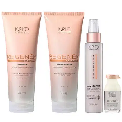 Kit da linha Regenér, da marca K.Pro. Frascos de shampoo, condicionador, leave-in e ampola.