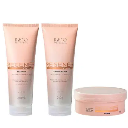 Conjunto de produtos de cuidados capilares da marca K.pro, incluindo shampoo, condicionador e máscara em embalagens de plástico nas cores rosa e branco.
