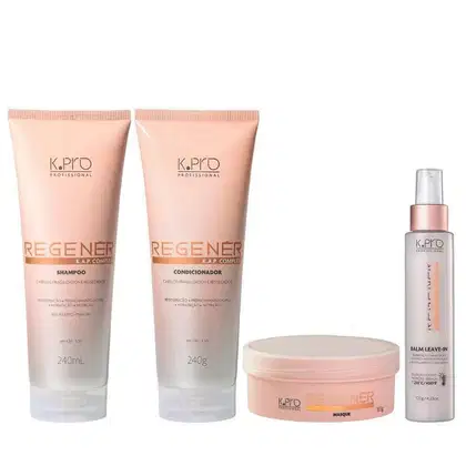 Conjunto de produtos de cuidados capilares da marca K.pro, incluindo shampoo, condicionador, máscara e leave-in em embalagens de plástico e vidro nas cores rosa e branco.