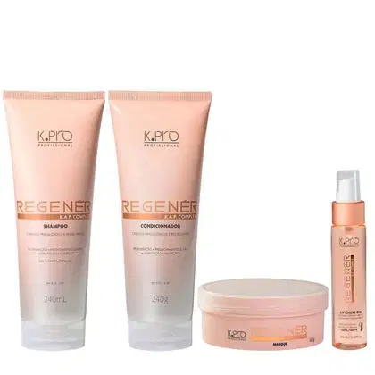 Conjunto de produtos de cuidados capilares da marca K.pro, incluindo shampoo, condicionador, máscara e óleo em embalagens de plástico e vidro nas cores rosa e branco.
