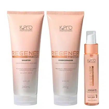 Conjunto de produtos de cuidados capilares da marca K.pro, incluindo shampoo, condicionador e óleo em embalagens de plástico e vidro nas cores rosa e branco.