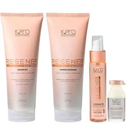 Kit da linha Regenér, da marca K.Pro. Frascos de shampoo, condicionador, óleo capilar e ampola.