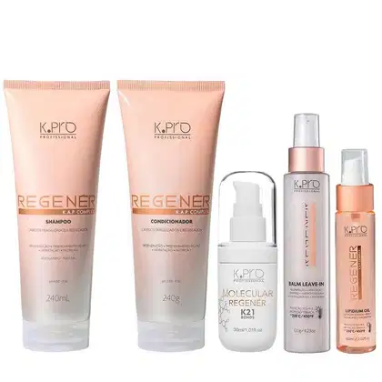 Conjunto de produtos de cuidados capilares da marca K.pro, incluindo shampoo, condicionador, leave-in e óleo capilar em embalagens de plástico nas cores rosa e branco. Também conta com tubo de leave-in Molecular Repair Regenér K21 Bonds.