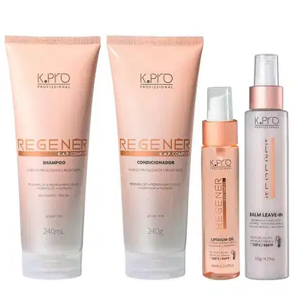 Conjunto de produtos de cuidados capilares da marca K.pro, incluindo shampoo, condicionador, leave-in e óleo em embalagens de plástico nas cores rosa e branco.