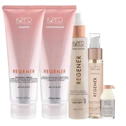 Kit da linha Regenér, da marca K.Pro. Frascos de shampoo, condicionador, leave-in, óleo capilar e ampola.