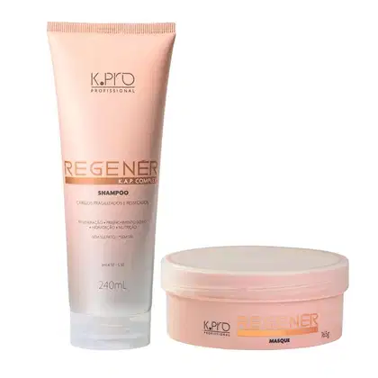 Conjunto de produtos de cuidados capilares da marca K.pro, incluindo shampoo e máscara em embalagens de plástico nas cores rosa e branco.