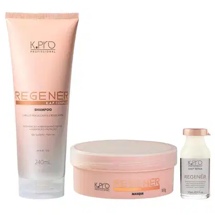 Kit da linha Regenér, da marca K.Pro. Frascos de shampoo, máscara e ampola.