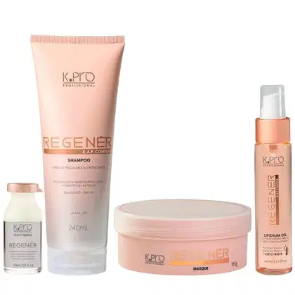 Kit da linha Regenér, da marca K.Pro. Frascos de shampoo, máscara, óleo capilar e ampola.