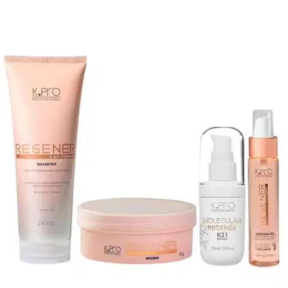Conjunto de produtos de cuidados capilares da marca K.pro, incluindo shampoo, máscara e óleo em embalagens de plástico nas cores rosa e branco. Também conta com tubo de leave-in Molecular Repair Regenér K21 Bonds.