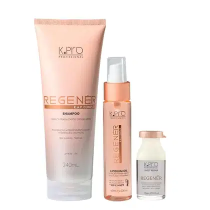 Kit da linha Regenér, da marca K.Pro. Frascos de shampoo, óleo capilar e ampola.