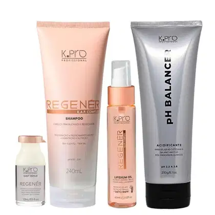 Kit da linha Regenér, da marca K.Pro. Frascos de shampoo, condicionador, máscara, óleo capilar e ampola. Acompanha também o acidificante pH Balancer.