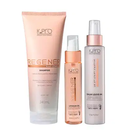 Conjunto de produtos de cuidados capilares da marca K.pro, incluindo shampoo, leave-in e óleo capilar em embalagens de plástico nas cores rosa e branco.