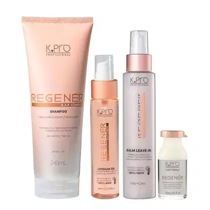 Kit da linha Regenér, da marca K.Pro. Frascos de shampoo, leave-in, óleo capilar e ampola.