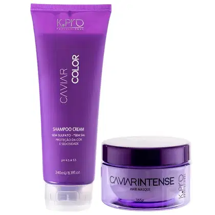 Dois produtos da marca K.Pro: um shampoo cremoso em tubo roxo e uma máscara capilar em pote roxo, ambos com rótulos e embalagens em tons de roxo.