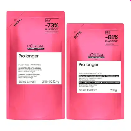 O recipiente maior é um refil de shampoo Prolonger com 240ml, indicando redução de 73% de plástico. O recipiente menor é um refil de tratamento condicionante Prolonger com 200g
