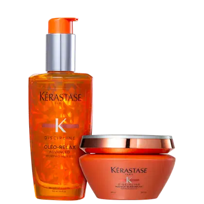 A imagem mostra dois produtos. Um óleo chamado "Discipline Oléo-Relax" em um frasco laranja transparente com uma bomba dosadora prateada. O outro é uma máscara capilar chamada "Discipline Masque Oléo-Relax" em um pote laranja opaco com detalhes prateados.