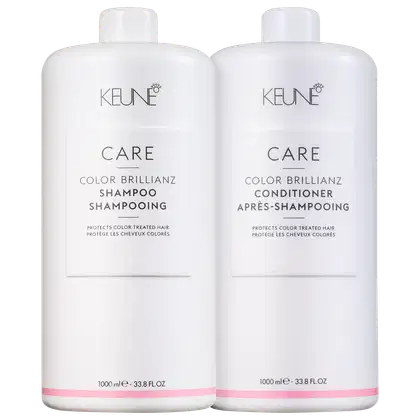 Dois frascos brancos da linha de produtos de cuidados com a cor Keune Care Color Brillianz, contendo shampoo e condicionador para cabelos coloridos, com rótulos em preto e branco.