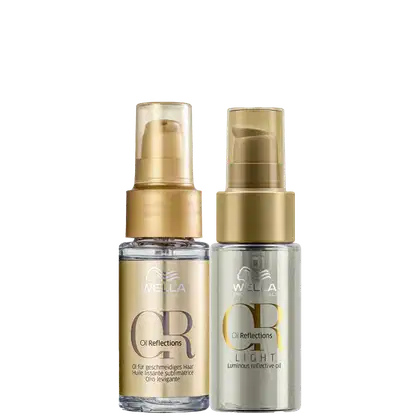 Dois frascos de produtos Wella Professionals Oil Reflections, ambos em embalagens douradas com detalhes transparentes.