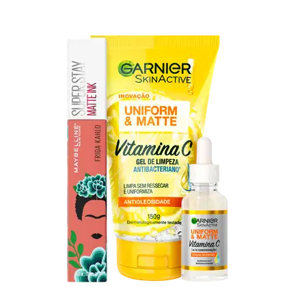 Imagem do produto Kit Beleza na Web Garnier Uniform & Matte Vitamina C & Maybelline Superstay Matte Ink Frida Kahlo (3 Produtos)