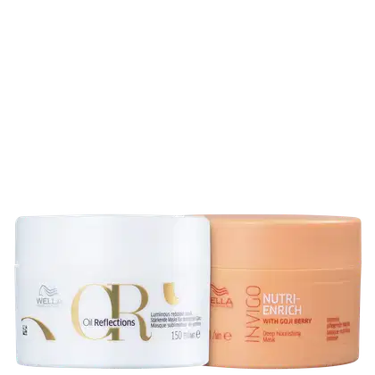 Dois produtos da linha Wella Professionals: um frasco branco com rótulo dourado "Oil Reflections" e um pote laranja com rótulo "Nutri-Enrich with Goji Berry Deep Nourishing Mask".