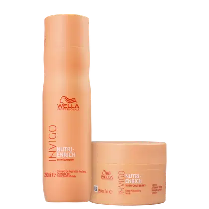 Frasco de shampoo com o logotipo da Wella e o nome "Nutri-Enrich with Goji Berry" impresso. Também há uma máscara capilar na mesma cor laranja.