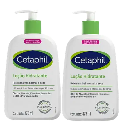 Dois frascos de loção hidratante da marca Cetaphil, com embalagem branca e verde, contendo 473 ml cada. Os rótulos exibem o nome da marca, o tipo de produto "Loção Hidratante" e informações sobre a formulação