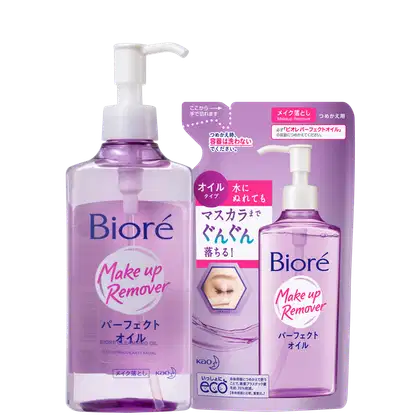 Cleansing Oil Bioré Make Up Remover e refil da marca Bioré, em embalagens de plástico com bomba dosadora, em tons de roxo e rosa. O rótulo destaca o nome da marca e a função do produto.