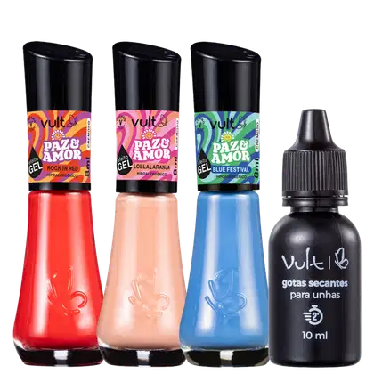 Imagem do produto Kit Vult 5Free Esmaltes Coleção Paz & Amor + Gotas Secantes (4 Produtos)