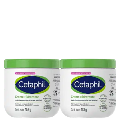 Dois potes de creme hidratante da marca Cetaphil, com embalagem branca e verde, contendo 453g cada. Os rótulos destacam a fórmula enriquecida com niacinamida, pantenol e glicerina, indicada para pele extremamente seca e sensível.