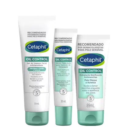 A imagem mostra três produtos da linha Oil Control da Cetaphil. Embalagens com cores predominantes de verde, azul e branco. O primeiro é um gel de limpeza facial antioleosidade. O segundo é um sérum tripla-ação. O terceiro é um hidratante matificante.