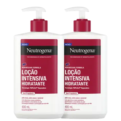 Dois frascos de loção hidratante Neutrogena, com embalagem branca e vermelha, recomendada por dermatologistas, com tecnologia TRIPLELIP reparadora, sem fragrância, para pele seca, extra seca e sensível.
