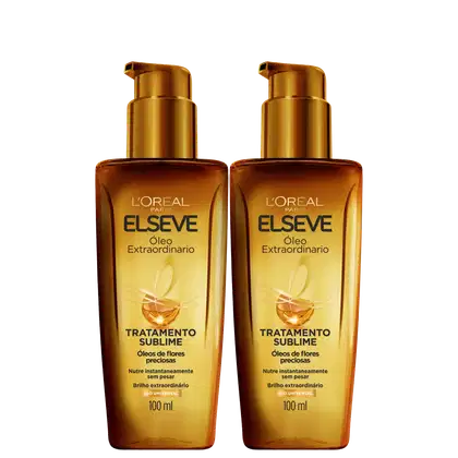 Dois frascos dourados de óleo capilar da linha Elseve da L'Oréal Paris, com rótulos indicando "Óleo Extraordinário" e "Tratamento Sublime". Os frascos possuem bombas doseadoras douradas e contêm 100 ml do produto.