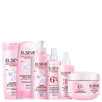 Produtos da linha Elseve Glycolic Gloss da L'Oreal, incluindo shampoo, condicionador, creme e tratamento para cabelos. Embalagens em tons de rosa e branco com rótulos destacando os benefícios do ácido glicólico.