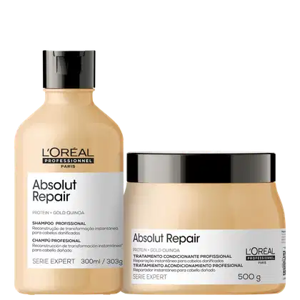 Produtos da linha Absolut Repair da L'Oréal Professionnel, incluindo um frasco de shampoo de 300ml e um pote de tratamento condicionante de 500g, com embalagens em tons de bege e preto.