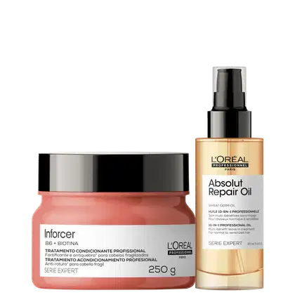 Tratamento condicionante profissional Inforcer B6 + Biotina da L'Oréal Professionnel em embalagem de 250g e óleo reparador Absolut Repair Oil da mesma marca em frasco de 90ml, com design preto e dourado.